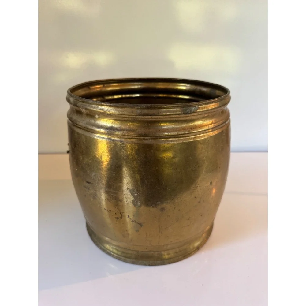 Vintage Brass Lion Head Planter Barrel Cachepot Gold Tone Patina 9 Inch